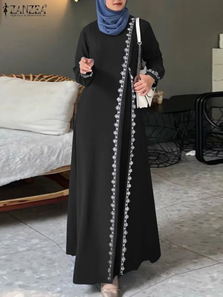 ZANZEA Autumn Women Long Sleeve O Neck Muslim Maxi Dress Kaftan Elegant Lace Crochet Loose Turkey Abaya Vestidos Islamic Dresses.