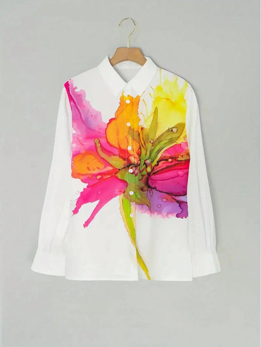 Women's Floral Tie Dye Print Long Sleeve Shirt Office Elegant Fashion Single Breasted Casual Shirt.