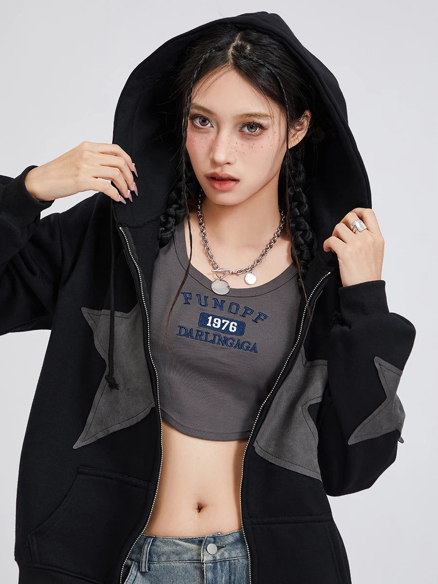 Y2K Vintage Star Print Hooded Hoodie for Women Casual Loose Long Sleeve Zip Up Drawstring Sweatshirts Autumn Spring Coat Street.