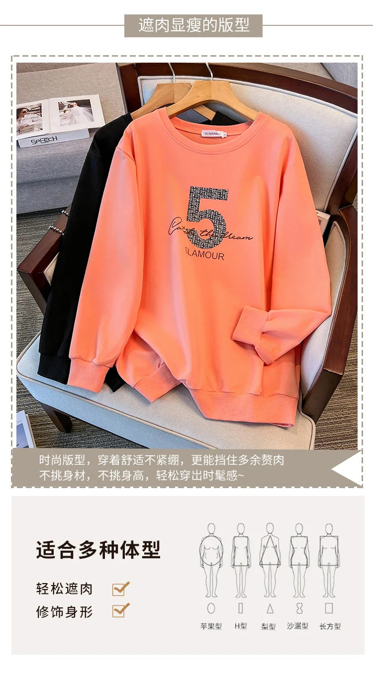 175kg plus size Damen büste Frühling Herbst loser Rundhals ausschnitt bedrucktes Langarm-Sweatshirt schwarz orange 5xl 6xl 7xl 8xl 9xl.