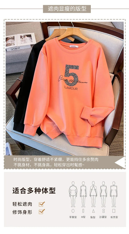 175kg plus size Damen büste Frühling Herbst loser Rundhals ausschnitt bedrucktes Langarm-Sweatshirt schwarz orange 5xl 6xl 7xl 8xl 9xl.