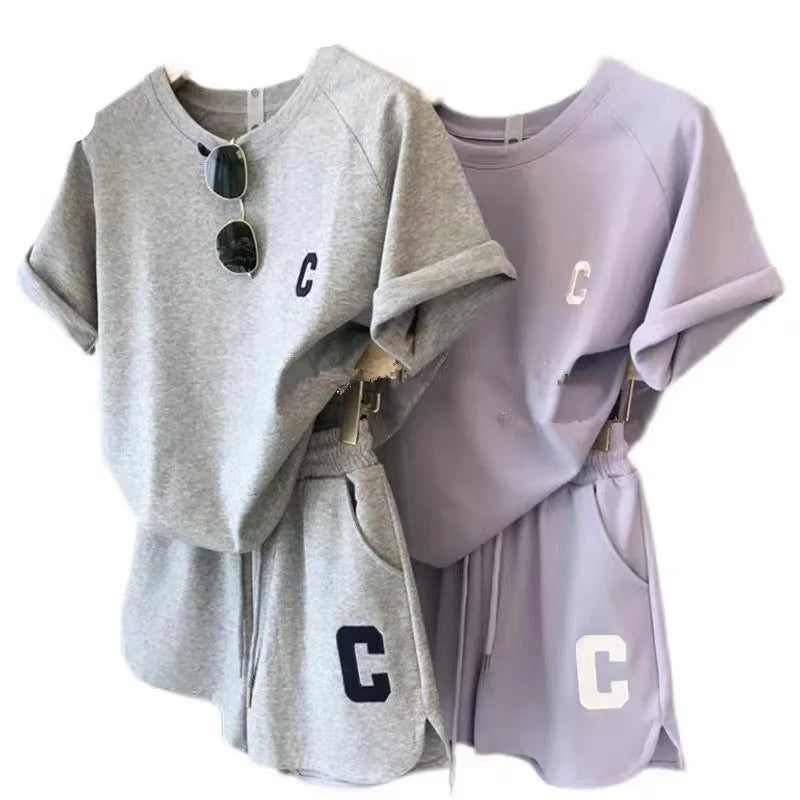 Women Tracksuit C Letter Print Short Sleeve T-shirt Drawstring Shorts Sport Suit Lady Exercise T-shirt Shorts Two-piece Suit.