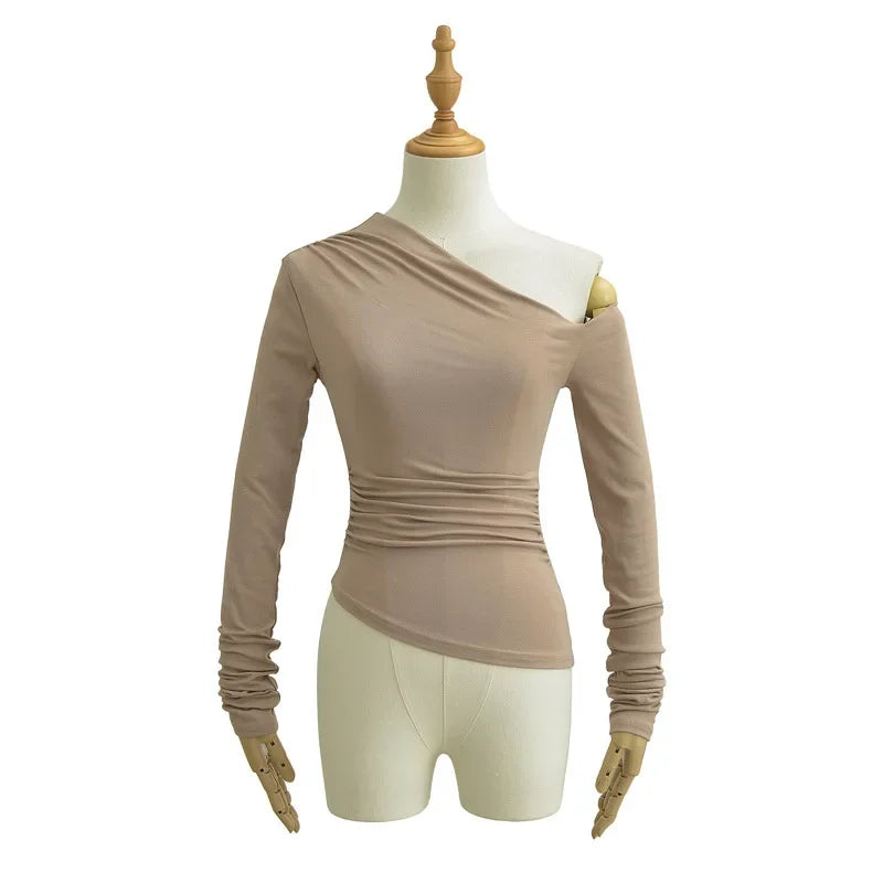 Slim Fit Long Sleeve T-Shirt Irregular Hem Slant Collar Pleated Pure Desirable Sexy Top for Women Fashionable Autumn New Style.