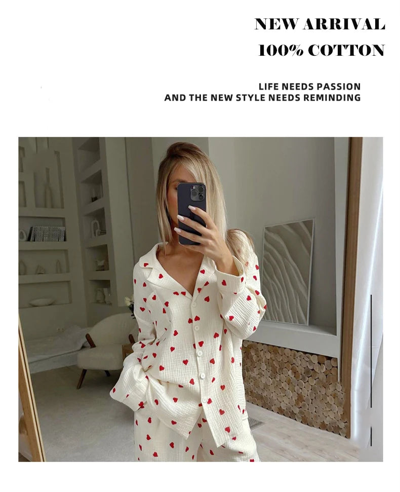 Sommer Neue Liebe Herz Druck Pyjama 100% Baumwolle Langarm Set 2Pcs Outfit Revers Nachtwäsche Taste Unten frauen pyjamas Nachtwäsche.