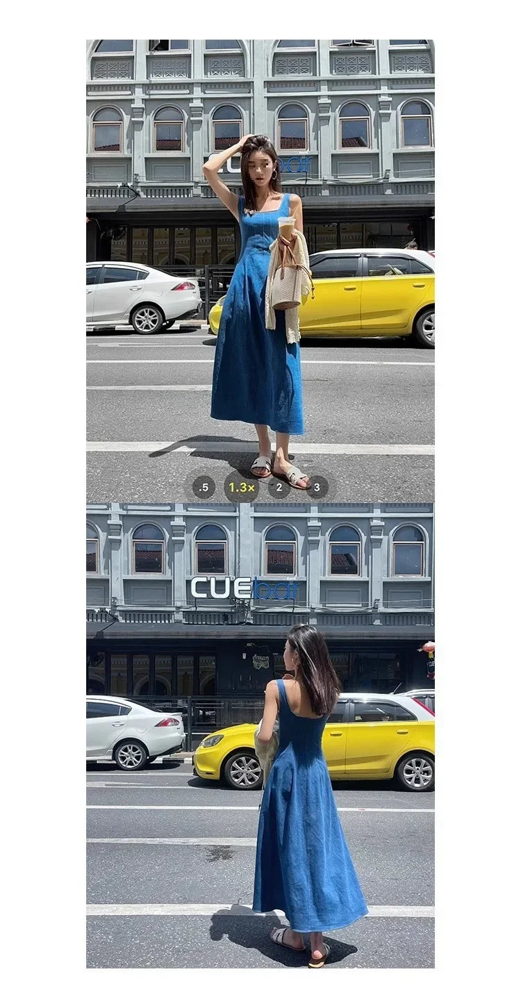 Blue Mist Love Französisches Jeanskleid für Damen, Sommer, einzigartiges Design, Taille, Cinching-Riemen, langes Kleid, elegante blaue Polyesterfaser.