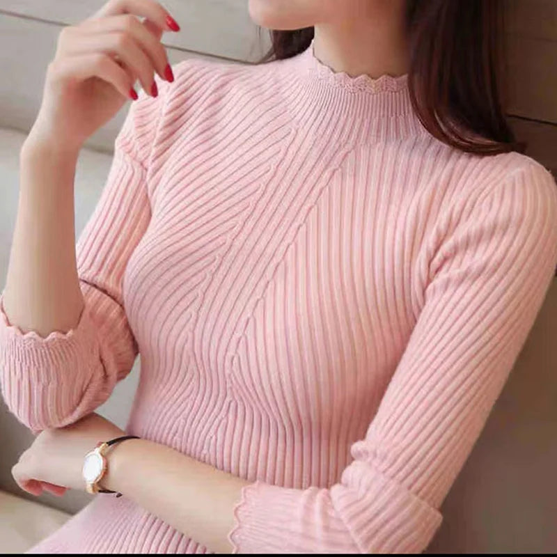EVNISI Herbst Frauen Mock Neck Rüschen Pullover Langarm Gestrickte Bodenbildung Solide Pullover Streifen Frauen Casual Pullover Winter.