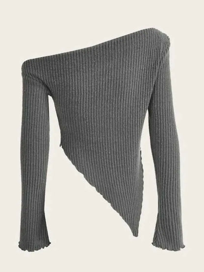 Women Solid Autumn Winter Grunge Asymmetrical Neck Rib-knit Tee Strapless Blouse Long Sleeve Casual Sweater Handkerchief Hem.