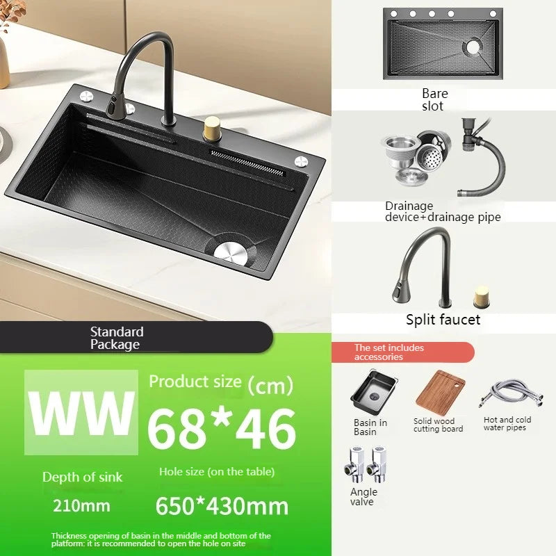 Stainless Steel Kitchen Sink With Waterfall Nano Embossed Large Single Slot Vegetable and Dishwashing Sinks Udermount Basin