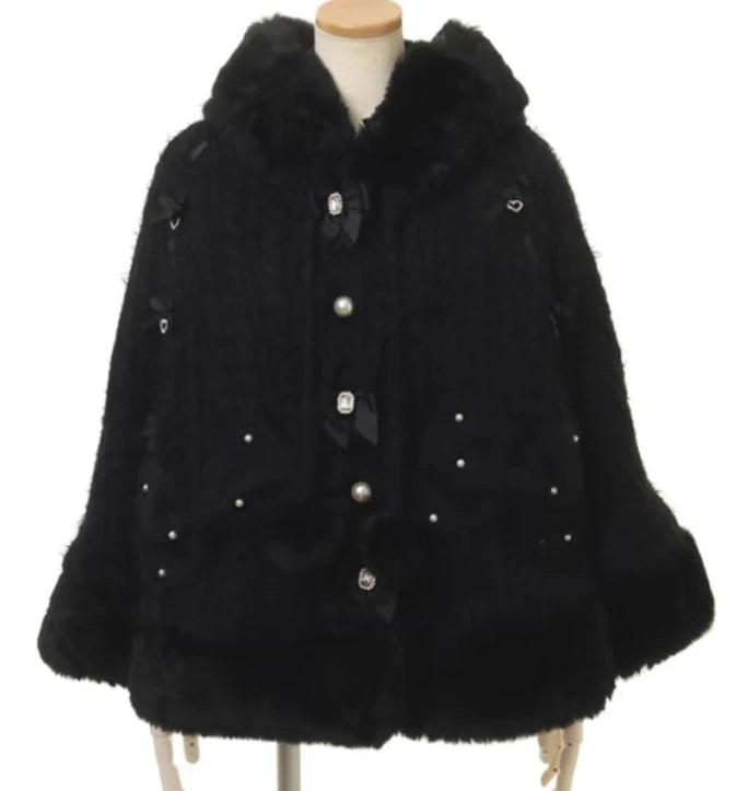 Japanische Liz Süße Prinzessin Faux Kaninchen Fell Cape Mantel Frauen Herbst Winter Pelz Jacke Lose Uhr Strass Bogen Mit Kapuze Mantel