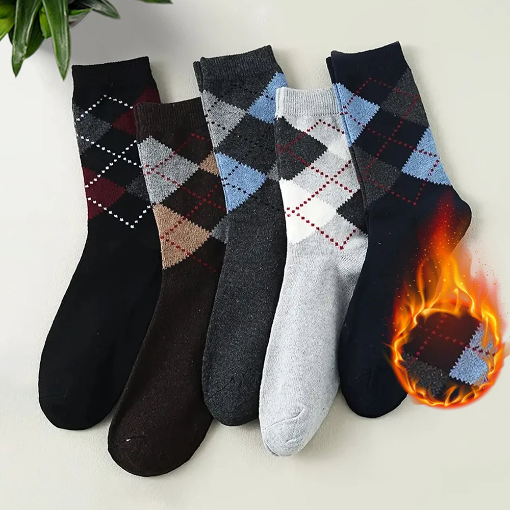 5 Pairs Men's Splicing Diamond Patterns Wool Socks Warm Winter Mid Length Socks Thickening Soft Cold-resistant Men Boots Socks.