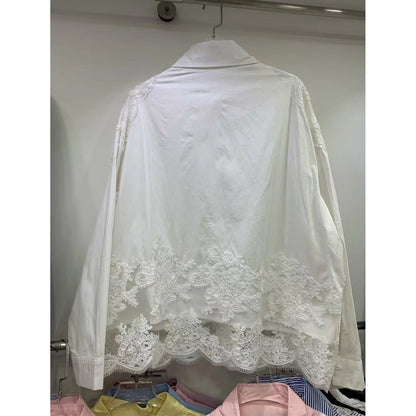 Women's Long Sleeved Striped Patchwork Lace Top 2025 Autumn Korean Fashionable Versatile Casual Shirt.