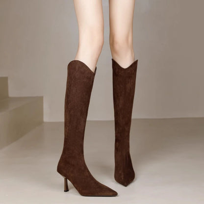 Vintage Pointed Toe Women Stretch Slim High Boots Fashion Back Zippers Shoes Autumn Winter High Heel Ladies Knight Long Booties.