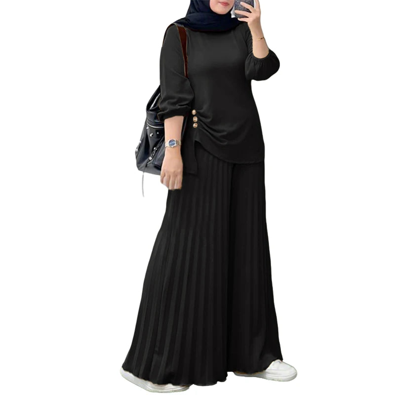 ZANZEA Muslim Women 2 Pieces Pant Sets Hijabis Casual Asymmetric Hem Long Sleeve Blouses & Pleated Pants 2pcs Suits Outfits