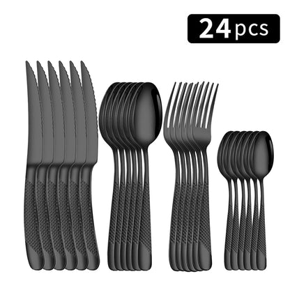 24pc Stainless steel tableware star steak knife and fork dessert fork spoon family suits.