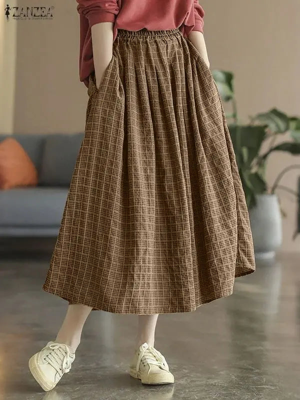 ZANZEA Women's Vintage Gingham Midi Skirts Casual Elastic Waist Gathered A-Line Skirt 2025 Autumn Woman Clothing Bottoms S-3XL