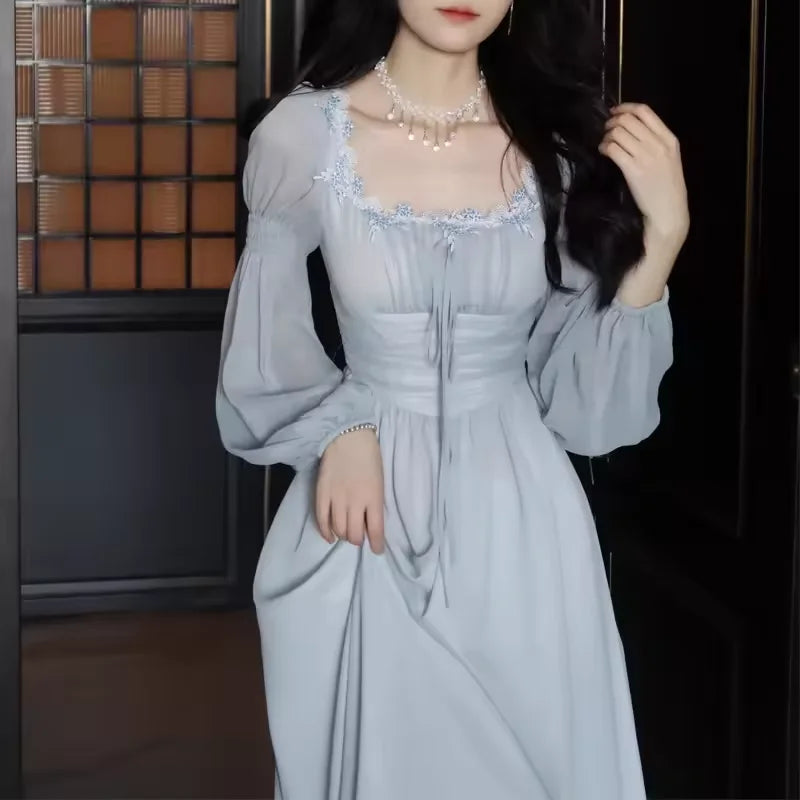 2024 Französisch elegante Prinzessin Abend party Midi Kleider für Frauen A-Linie schlanke Bandage Langarm Vestidos koreanische Frühlings kleidung.