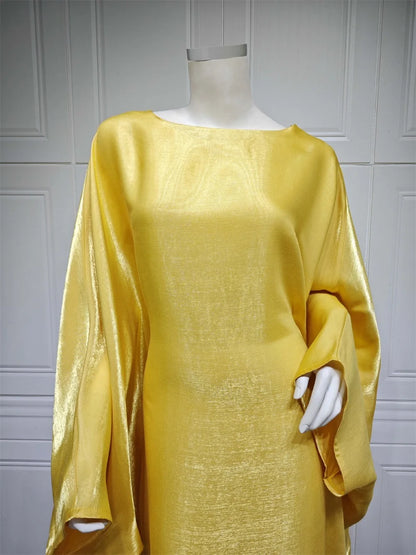 Siskakia Muslim 2024 New Eid Dresses Solid Shiny Satin Batwing Sleeve Modest Kebaya Turkish African Women Abayas Saudi Clothing