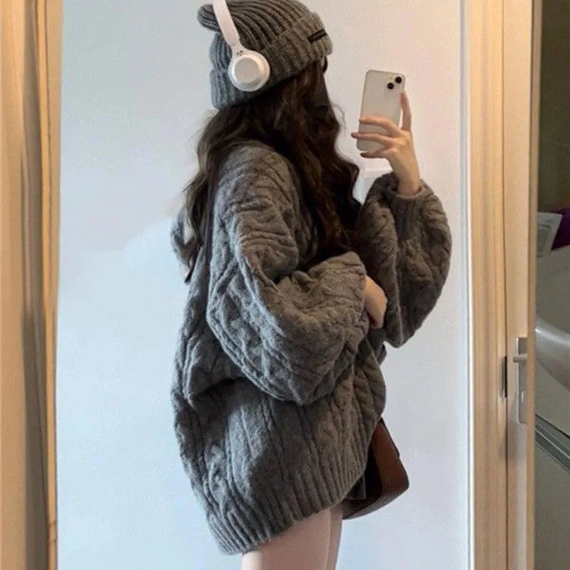 Herbst Winter Frauen Pullover Harajuku Übergroßen Gestrickte Pullover Koreanische Langarm V-ausschnitt Strickwaren Preppy Solide Lose Jumper.