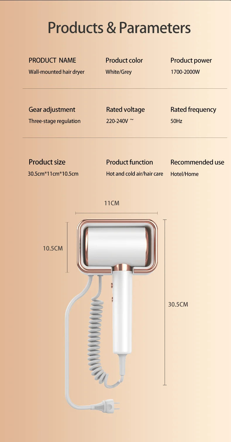 220V Hotel Wall Mounted Hair Dryer Hotel Non punching Negative Ion Hair Protection Cold and Hot Air High Power Hair Dryer