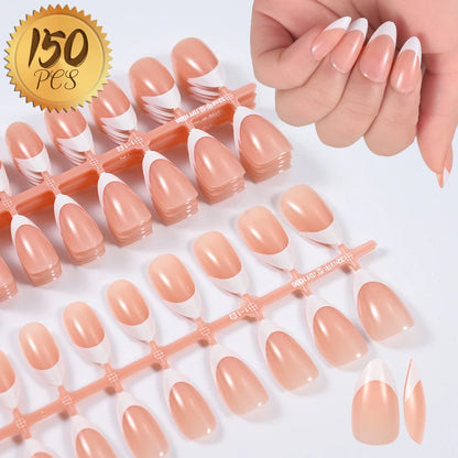 150Pcs Pre-made French False Nails Scarless Coffin Almond Fake Nail Artificial Fingernails Press on Nails for Nail Extension.