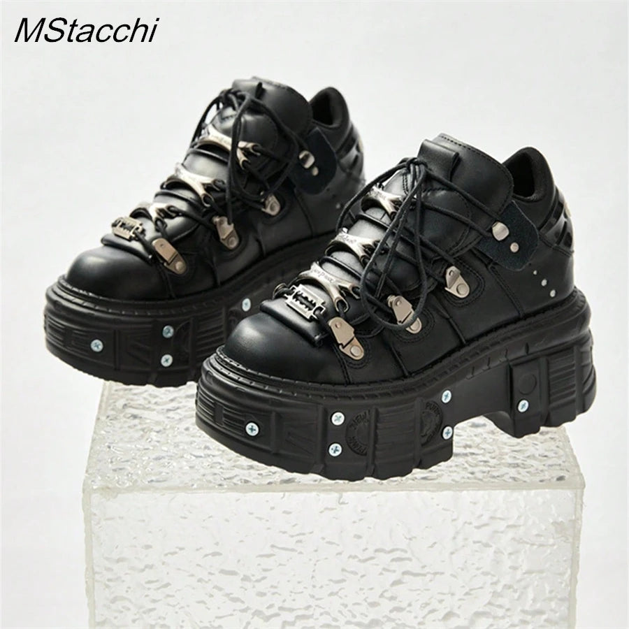 Punk Stil Frauen Schwarze Schuhe Rock Metall Dekor Lace-up Ferse Höhe Plattform Schuhe Gothic Mann Turnschuhe Frauen Stiefeletten 2025, Neue.