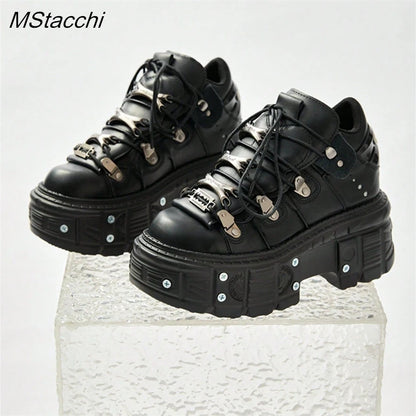 Punk Stil Frauen Schwarze Schuhe Rock Metall Dekor Lace-up Ferse Höhe Plattform Schuhe Gothic Mann Turnschuhe Frauen Stiefeletten 2025, Neue.
