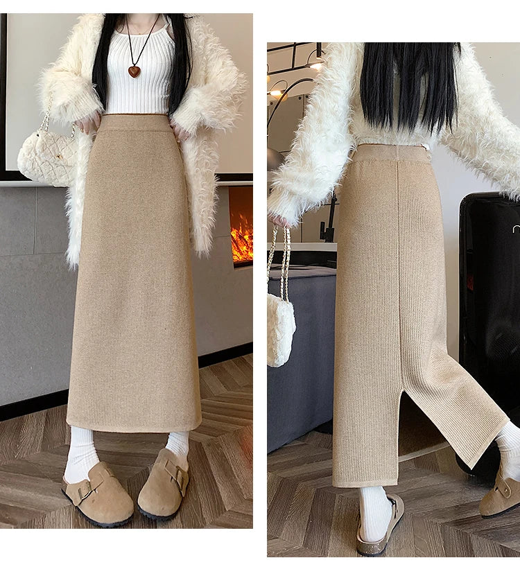 2025 New Thick Knit Midi Skirt High Waisted Straight Hem Bodycon Pencil Skirts for Petite Women Cozy Fall Winter Fashion.