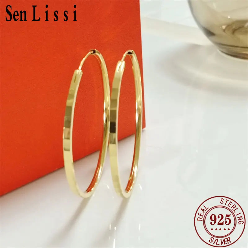 Senlissi - New Fashion18K Gold Plated Hoop Earrings For Women 925 Sterling Silver 2.0mm Fashion Earring Cерьги Kольца 3/4/5/6CM.