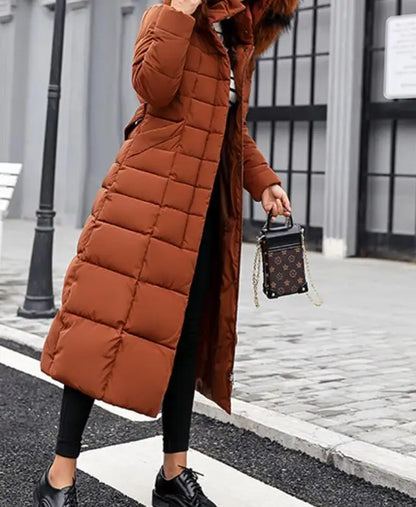 Neue Wintermode Langarm Pelzkragen Reißverschluss Einfarbig Slim Fit Lange Version Dicke Daunenjacke Mit Kapuze Für Frauen, 6 Farben.