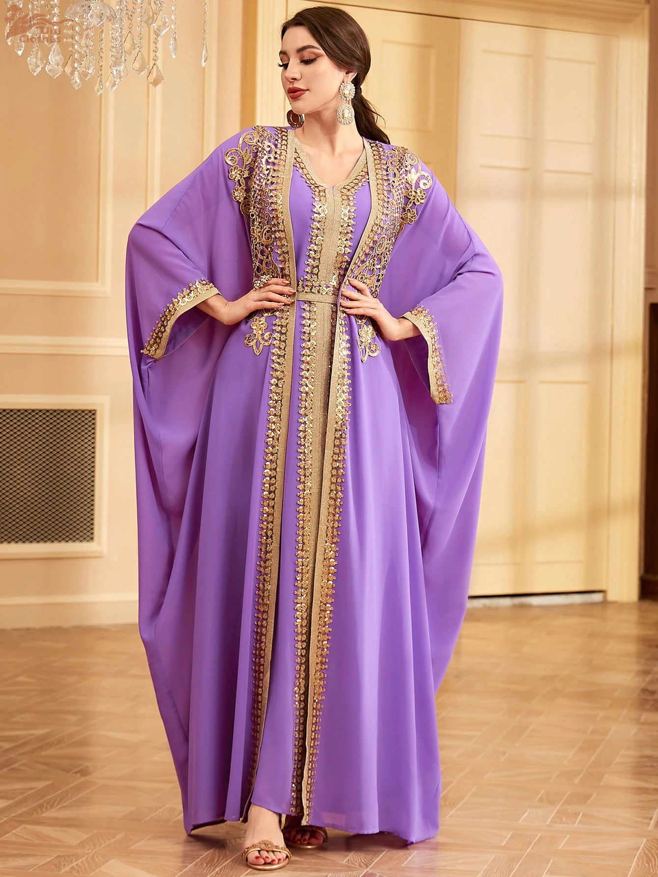 Ramadan Sequins Dubai Abayas Arab Tunics Batwing Sleeve Dresses For Women Gala Two pieces Moroccan Elegant Kebaya.