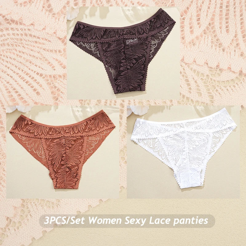 3PCS/Set Women Lace Panties Sexy Low Riase Elastic Brifes Solid Color Perspective Breathable Underwear Ladeis Sexy Lingerie