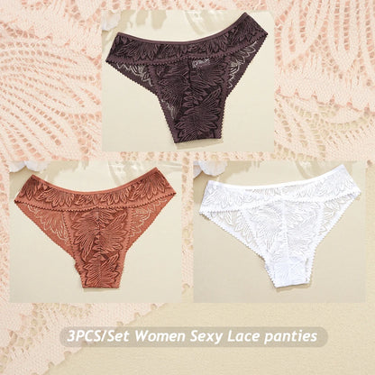 3PCS/Set Women Lace Panties Sexy Low Riase Elastic Brifes Solid Color Perspective Breathable Underwear Ladeis Sexy Lingerie