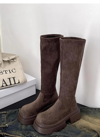 Winter Platform Punk Style Woman Knee High Boot Concise Slip On Elastic Slim Shoes Ladies Thick Bottom Knight Long Booties.