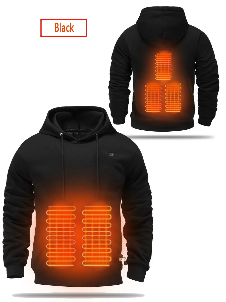 Mens USB Heated Jacket Winter Electric Heating Sweatshirt with Hood Warm Rechargeable Thermal Clothing for Outdoor Sports Skiing.
