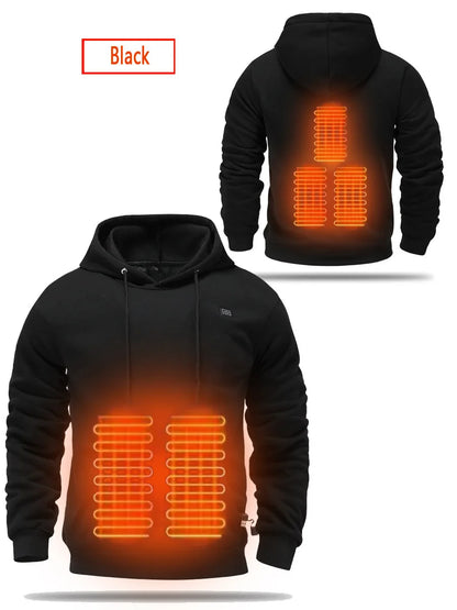 Mens USB Heated Jacket Winter Electric Heating Sweatshirt with Hood Warm Rechargeable Thermal Clothing for Outdoor Sports Skiing.