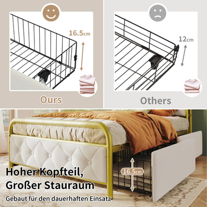 KOMHTOM Einzelbett 90x200 cm Samt - USB Type C Ladefunktion, APP-Control LED, 2 Schubladen, ohne Matratze