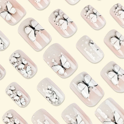 24pcs/set Medium long square fake nails for women girls cute heart flowers feather butterfly design press on false nail art tips.