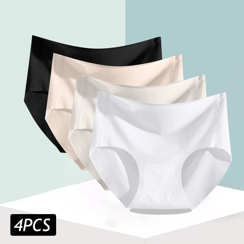 4PCS/Set Women's Ice Silk Seamless Panties Ultra Thin Briefs Breathable Underwear Female High Waist Intimates Lingerie Plus Size