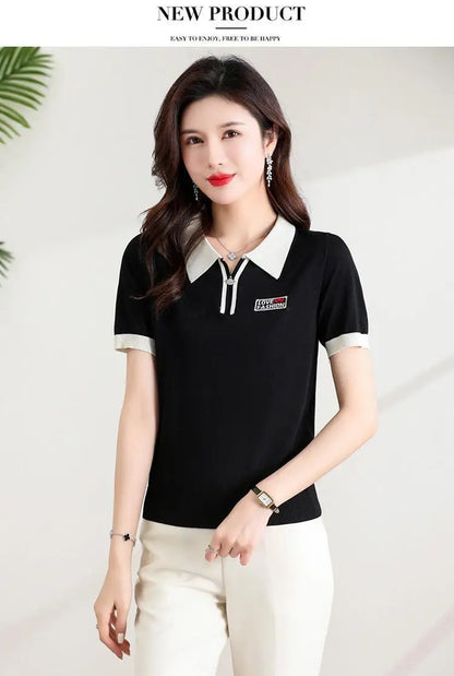 Fashionable polo collar middle-aged and elderly women's loose knitwear thin casual short-sleeved T-shirt.