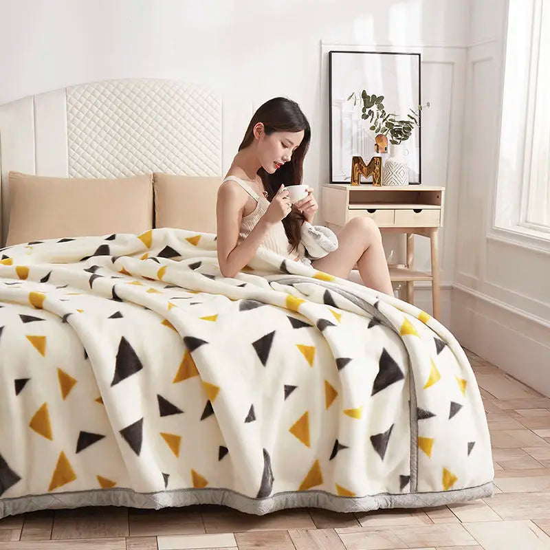 Two People Simple Geometric Printed Blanket Autumn Winter Bedroom Office Nap Quilt Anti Static Machine Washable Bedding Sheets