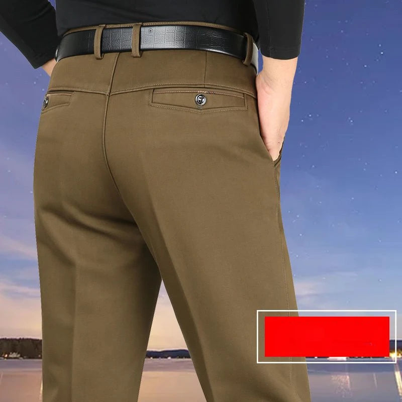 Smart Casual Pure Cotton Anti-Wrinkle High Waist Loose Baggy Straight Thicken Men Spring Autumn Solid Color Mid Casual Pants