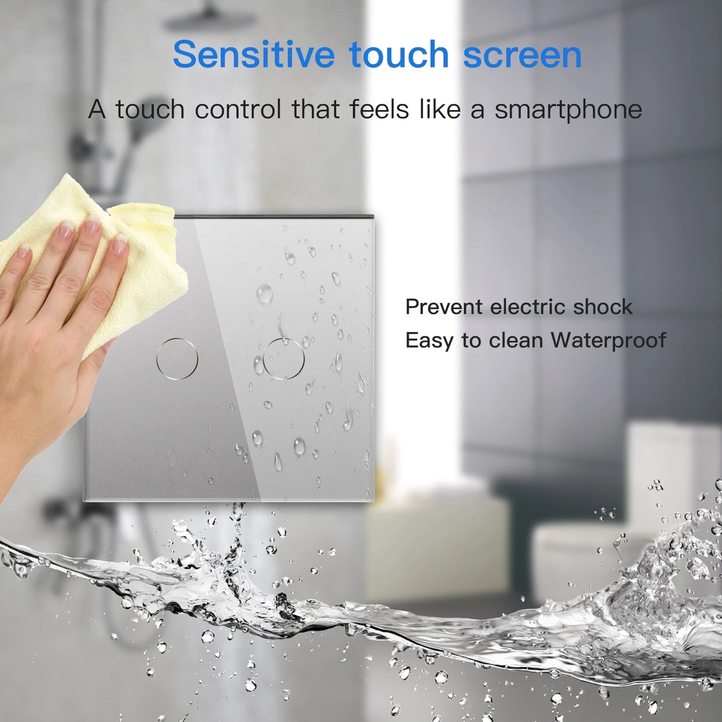 BSEED Touch-Schalter mit EU-Stromsteckdose, graue LED-Wandleuchte, 1/2/3 Gang, 1-Wege-Kristallglas-Panel, dunkelblaue Hintergrundbeleuchtung.