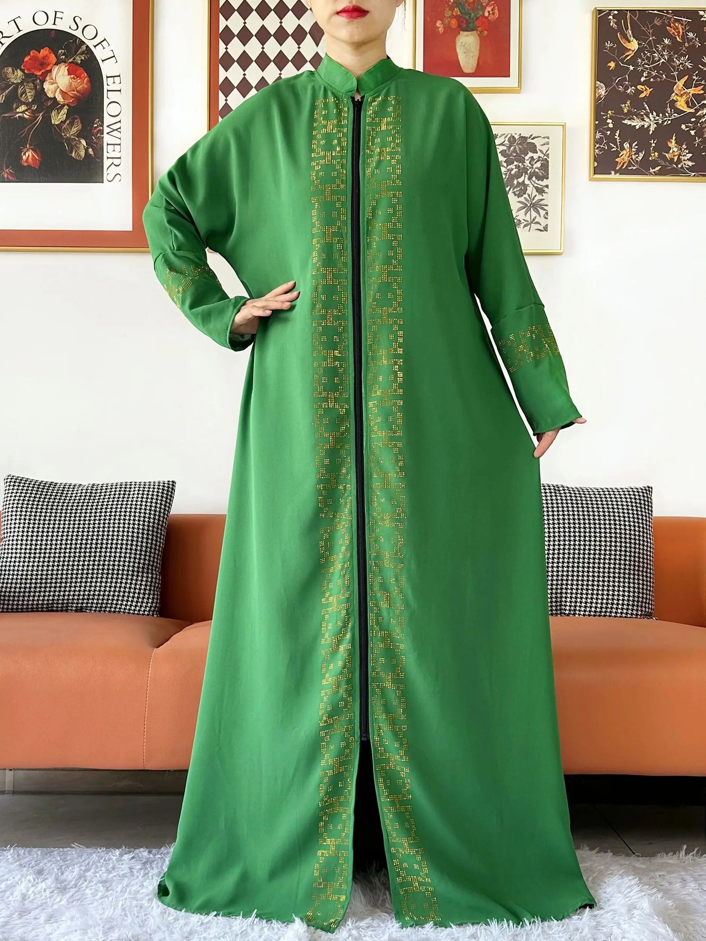 2024 Muslim Ramadan Tranditional Turtleneck Long Sleeve Dress Women Cardigan Open Abaya Dubai Caftan Islamic Kimono Clothes.