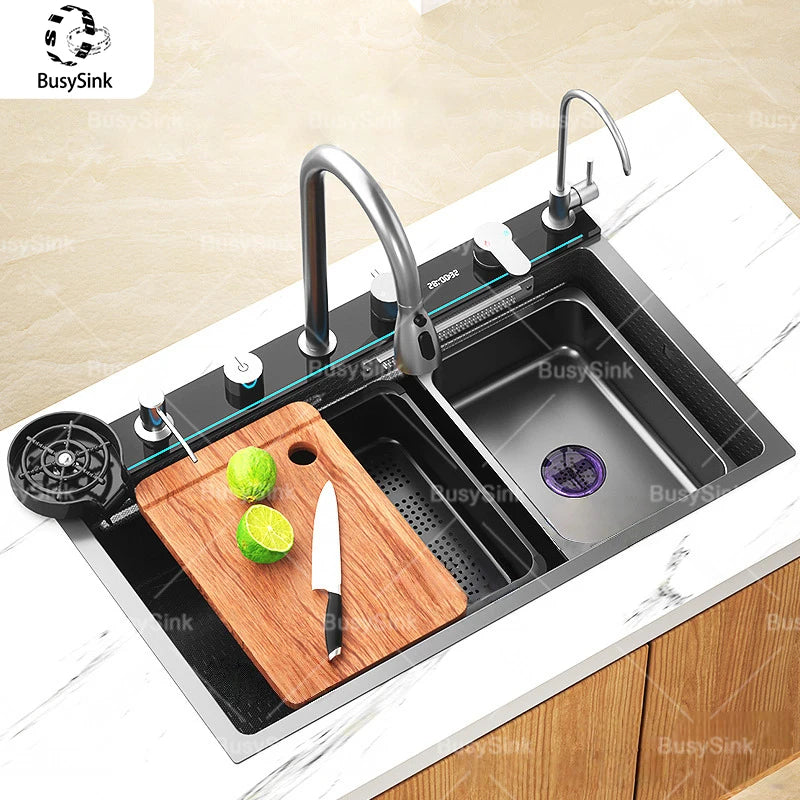Intelligent Waterfall Stainless Steel Kitchen Sink MultiFunctional Digital Display Porous Large Single Slot Wash Dish Basin