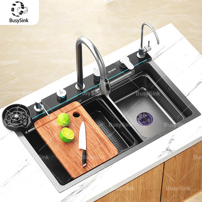 Intelligent Waterfall Stainless Steel Kitchen Sink MultiFunctional Digital Display Porous Large Single Slot Wash Dish Basin