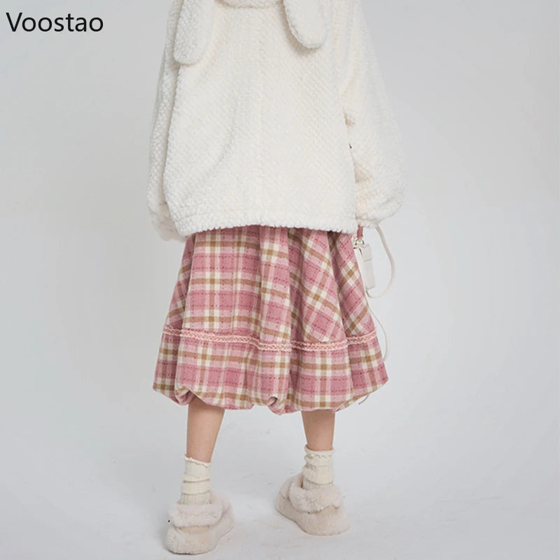 Pink Plaid Vintage Skirt Autumn Winter Women Preppy Style Chic Plush Ball Elegant Midi Skirt Korean Female Y2k A-Line Skirts.