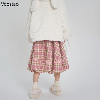 Pink Plaid Vintage Skirt Autumn Winter Women Preppy Style Chic Plush Ball Elegant Midi Skirt Korean Female Y2k A-Line Skirts.