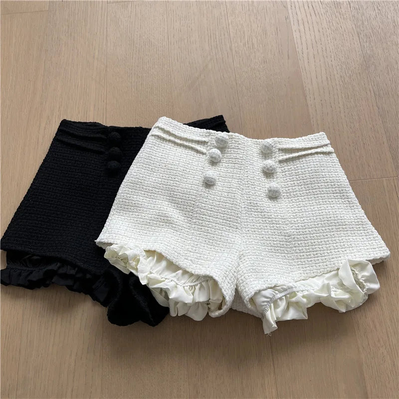 Autumn Winter New Woven Tweed Fungus Edge Buckle Shorts Femininity Versatile High Waist Pure Desire Wind Boots Short Pants.