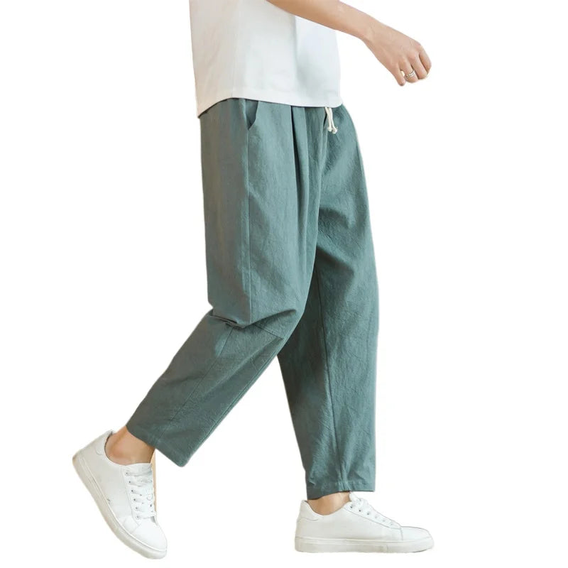 New Cotton Linen Mens Pants Casual Solid Color Breathable Streetwear Loose Straight Drawstring Baggy Lightweight Sport Pants.