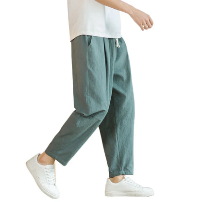 New Cotton Linen Mens Pants Casual Solid Color Breathable Streetwear Loose Straight Drawstring Baggy Lightweight Sport Pants.